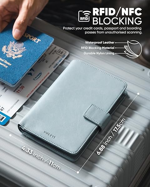 VULKIT Passport Holder Travel Wallet with Airtag Holder RFID Blocking Bifold Cover for Men and Women in Blue - Image 5