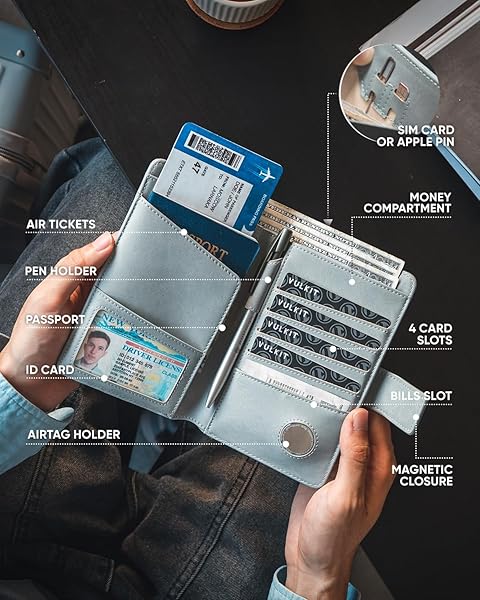 VULKIT Passport Holder Travel Wallet with Airtag Holder RFID Blocking Bifold Cover for Men and Women in Blue - Image 6