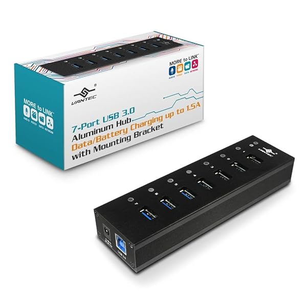 Vantec Vantec 7-Port USB 3.0 Hub: Full Powered, Mountable, 1.5A Charging, Premium 12V/3A Adapter - Black