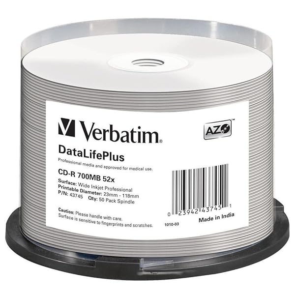 Verbatim Verbatim 43745 52x CD-R DataLifePlus Inkjet 50pk Spindle - High-Quality Blank Discs for Professional Use