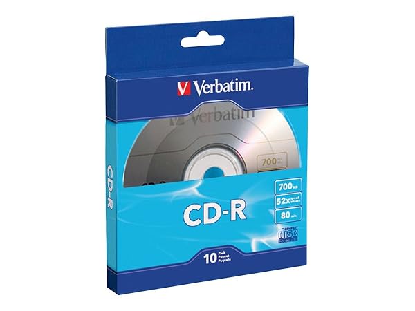 Verbatim CD-R Blank Discs 700MB 80-Minute 10 Pack - 52X Recordable for Data & Music - Blue