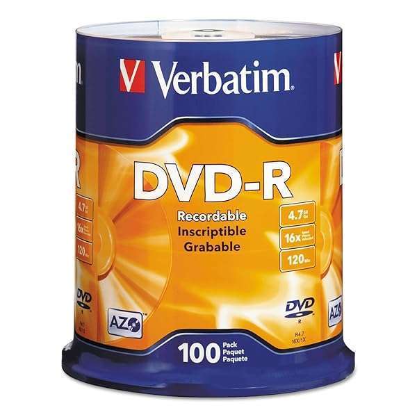 Verbatim DVD-R Blank Discs 4.7GB 16X AZO Dye - 100 Pack Spindle for High-Quality Recording
