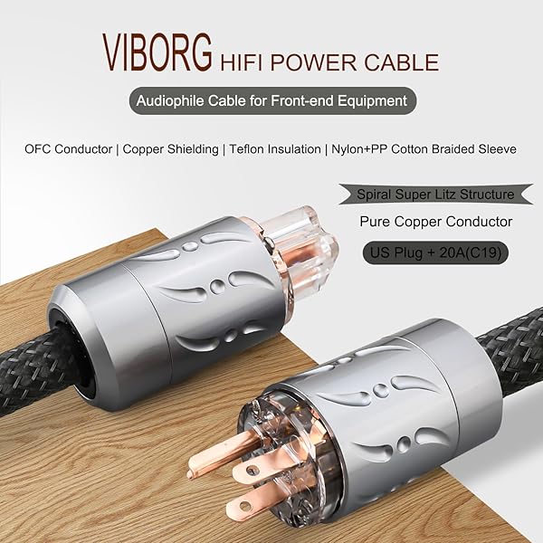 Viborg 20A Hi-end Power Cord 6.6FT 2x9AWG HiFi Audiophile Power Cable with Pure Copper Plug and IEC C19 Connector - Image 6