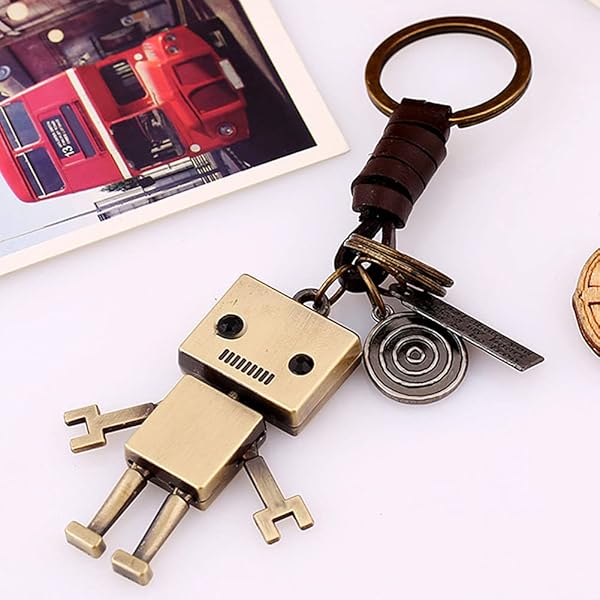Vintage Robot Pendant Keychain - Leather Braided Rope Charm & Key Decoration - Image 3