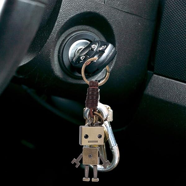 Vintage Robot Pendant Keychain - Leather Braided Rope Charm & Key Decoration - Image 5