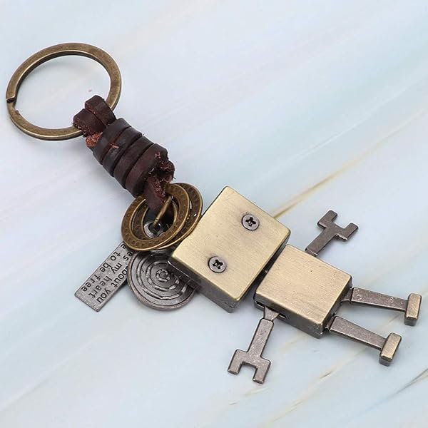 Vintage Robot Pendant Keychain - Leather Braided Rope Charm & Key Decoration - Image 8