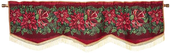 "Violet Linen Christmas Poinsettias Tapestry Valance 60" x 15" - Festive Window Decor"