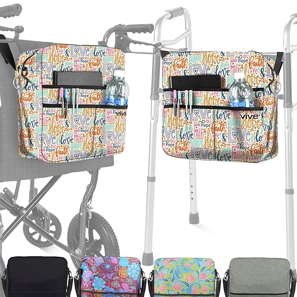 Vive Wheelchair Bag Machine Washable Double Stitched Water Resistant Accessory Backpack for Rollators Wheel Chairs Walkers with XL Pockets and Straps