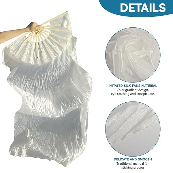 WEISIPU Hand-Made Faux Silk Belly Dance Fan Veils - Bamboo Long Fans Veils Available in 8 Stunning Colors for Dance Performances Right Hand(White) - Image 5