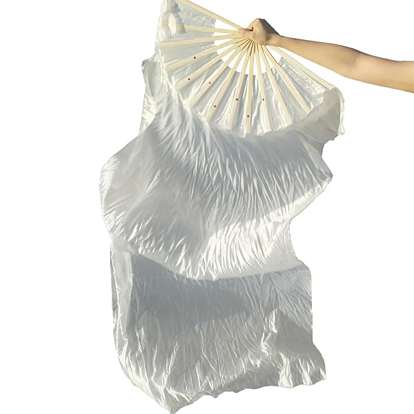 WEISIPU Hand-Made Faux Silk Belly Dance Fan Veils - Bamboo Long Fans Veils Available in 8 Stunning Colors for Dance Performances Right Hand(White) - Image 10