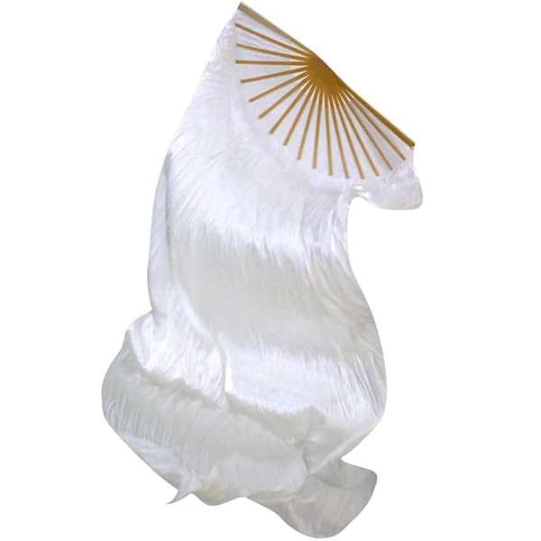 WEISIPU Hand-Made Faux Silk Belly Dance Fan Veils - Bamboo Long Fans Veils Available in 8 Stunning Colors for Dance Performances Right Hand(White) - Image 2