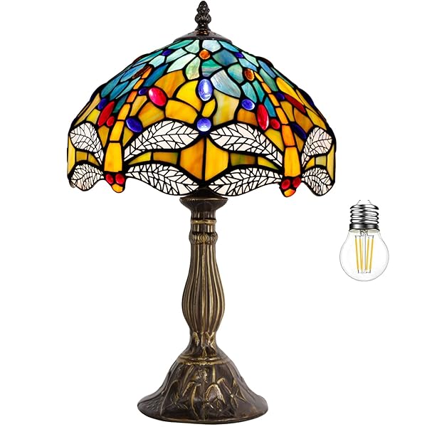 WERFACTORY Tiffany Lamp Sea Blue Yellow Dragonfly Style Table Lamp Nautical Reading Light for Bedroom Living Room Home Office S128 Series