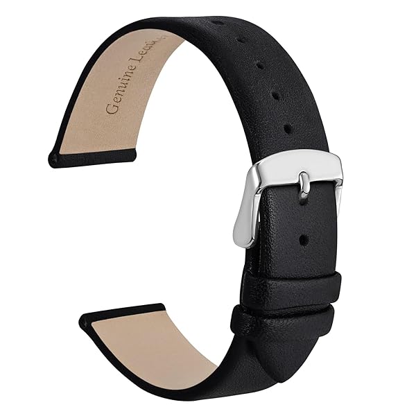 WOCCI 14mm Elegant Genuine Leather Watch Band Replacement Strap with Silver Buckle in Black