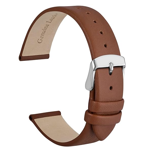 WOCCI 14mm Elegant Genuine Leather Watch Band Replacement Strap Terracotta Brown with Silver Buckle