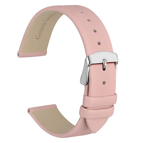 WOCCI 16mm Elegant Light Pink Genuine Leather Watch Band Replacement Strap with Silver Buckle