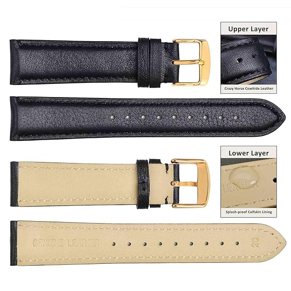 WOCCI 16mm Vintage Leather Watch Band for Men and Women with Gold Buckle in Black Color - Image 2