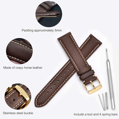 WOCCI 16mm Vintage Leather Watch Band for Men and Women with Gold Buckle in Dark Brown and Beige Seam - Image 4