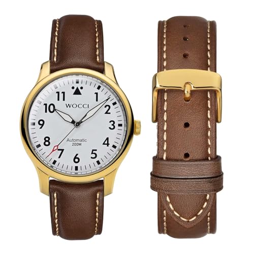 WOCCI 16mm Vintage Leather Watch Band for Men and Women with Gold Buckle in Dark Brown and Beige Seam - Image 5