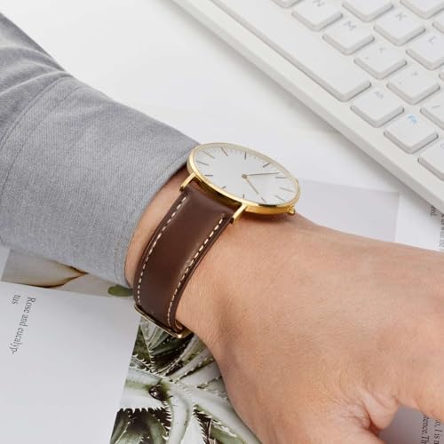 WOCCI 16mm Vintage Leather Watch Band for Men and Women with Gold Buckle in Dark Brown and Beige Seam - Image 6
