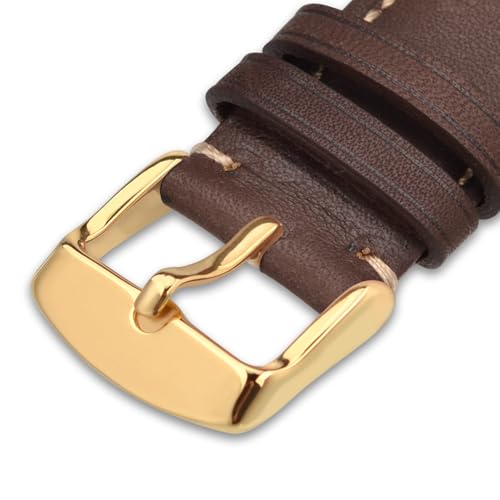 WOCCI 16mm Vintage Leather Watch Band for Men and Women with Gold Buckle in Dark Brown and Beige Seam - Image 9