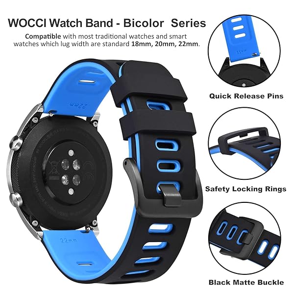 WOCCI 18mm Bicolor Watch Band, Silicone Rubber, Quick Release Replacement Strap for Men and Women, Black Stainless Steel Buckle (Black-Blue) - Image 4