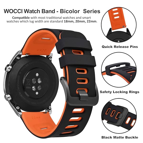 WOCCI 18mm Bicolor Watch Band, Silicone Rubber, Quick Release Replacement Strap for Men and Women, Black Stainless Steel Buckle (Black-Orange) - Image 4