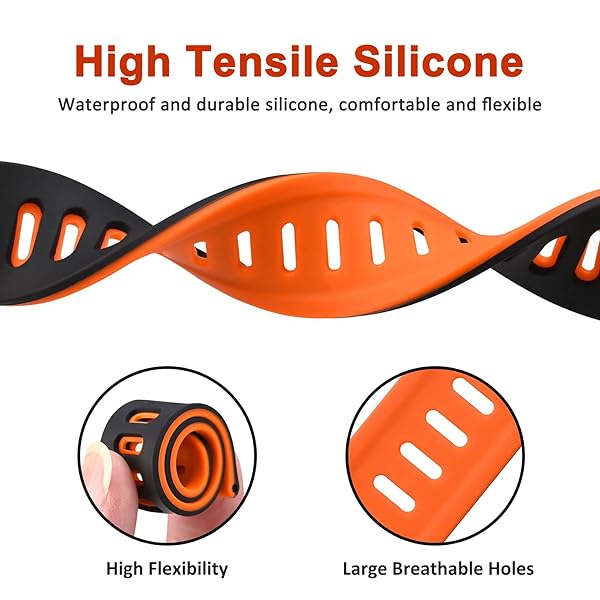 WOCCI 18mm Bicolor Watch Band, Silicone Rubber, Quick Release Replacement Strap for Men and Women, Black Stainless Steel Buckle (Black-Orange) - Image 8