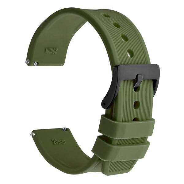 WOCCI 18mm Striped Silicone Watch Band Replacement Strap Army Green with Brushed Silver Buckle