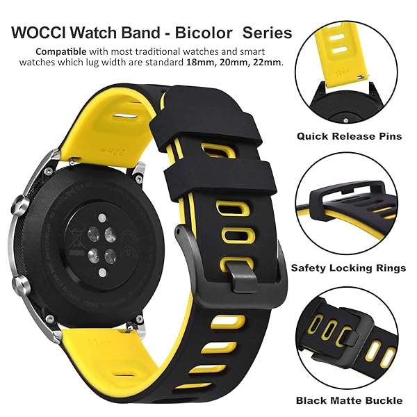 WOCCI 20mm Bicolor Watch Band, Silicone Rubber, Quick Release Replacement Strap for Men and Women, Black Stainless Steel Buckle (Black-Yellow) - Image 4