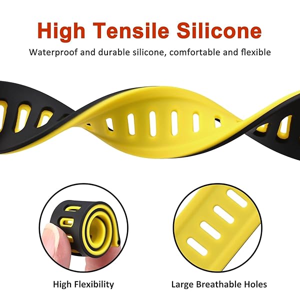 WOCCI 20mm Bicolor Watch Band, Silicone Rubber, Quick Release Replacement Strap for Men and Women, Black Stainless Steel Buckle (Black-Yellow) - Image 8