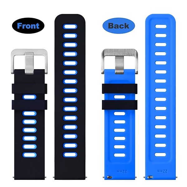 WOCCI 20mm Bicolor Watch Band, Silicone Rubber, Quick Release Replacement Strap for Men and Women, Silver Stainless Steel Buckle (Black-Blue) - Image 2