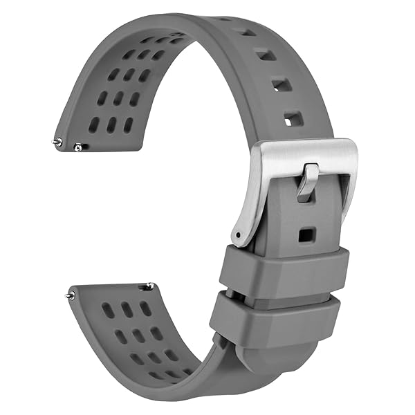 WOCCI 20mm Rally Watch Band, FKM Rubber Strap, Quick Release, Silver Brushed Buckle (Grey)