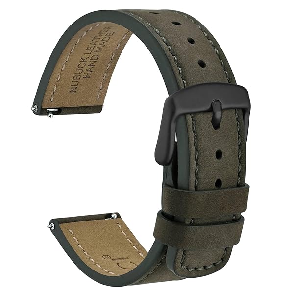 WOCCI 20mm Retro Leather Watch Band for Men and Women, Quick Release Replacement Strap with Black Buckle (Army Green)
