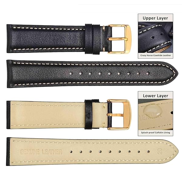 WOCCI 20mm Vintage Leather Watch Band for Men and Women with Gold Buckle in Black and Beige Seam - Image 2