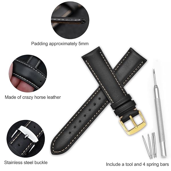 WOCCI 20mm Vintage Leather Watch Band for Men and Women with Gold Buckle in Black and Beige Seam - Image 4