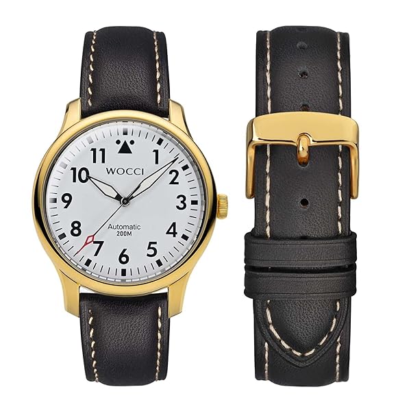 WOCCI 20mm Vintage Leather Watch Band for Men and Women with Gold Buckle in Black and Beige Seam - Image 5