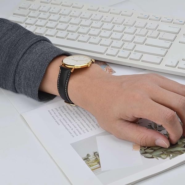 WOCCI 20mm Vintage Leather Watch Band for Men and Women with Gold Buckle in Black and Beige Seam - Image 6