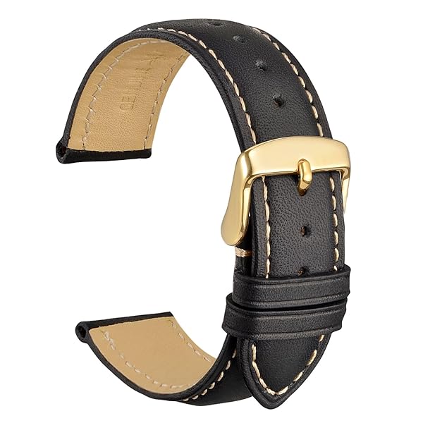 WOCCI 20mm Vintage Leather Watch Band for Men and Women with Gold Buckle in Black and Beige Seam