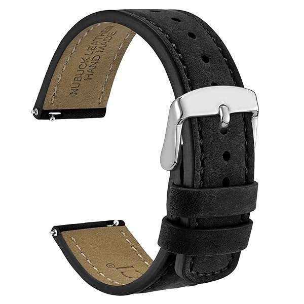 WOCCI 21mm Retro Leather Watch Band - Quick Release Strap for Men & Women with Silver Buckle (Black)