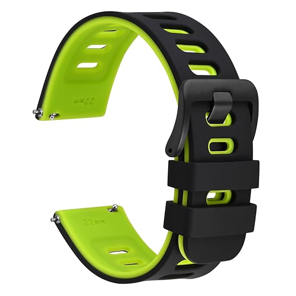 WOCCI 22mm Bicolor Watch Band, Silicone Rubber, Quick Release Replacement Strap for Men and Women, Black Stainless Steel Buckle (Black-Spring Green)
