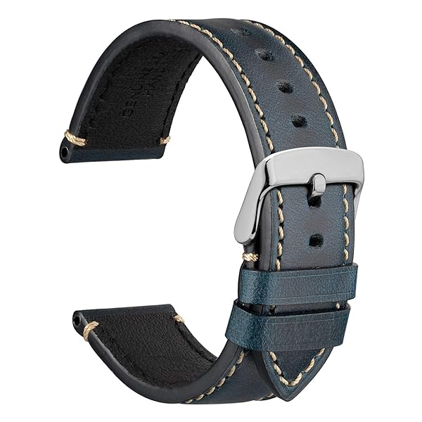 WOCCI 22mm Leather Replacement Watch Band for Men Midnight Blue Business Style with Silver Buckle