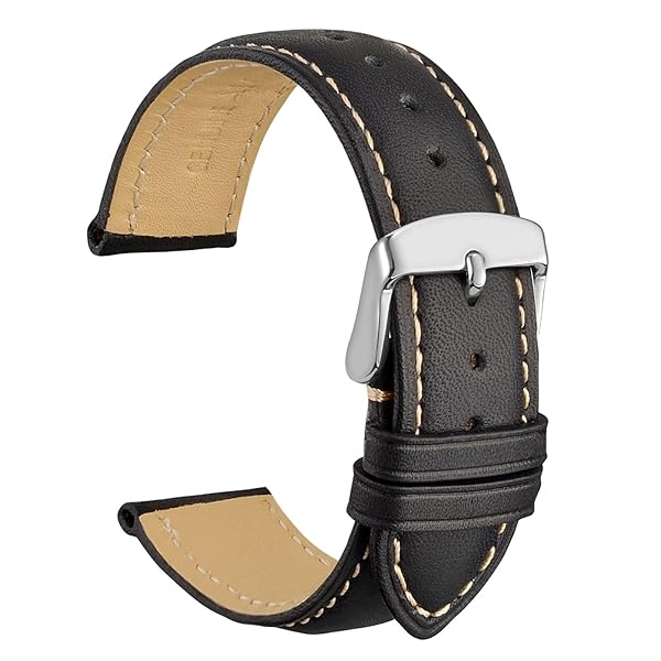 WOCCI 22mm Vintage Leather Watch Band for Men and Women with Silver Buckle in Black and Contrasting Stitch