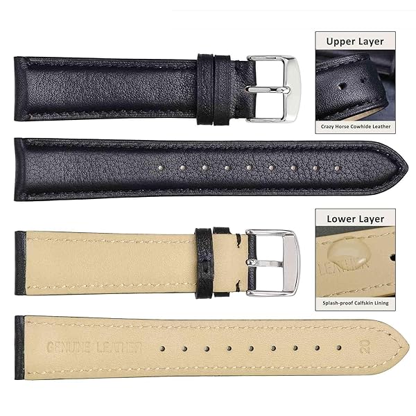 WOCCI 23mm Vintage Leather Watch Band for Men and Women with Silver Buckle in Black - Image 2
