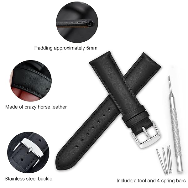 WOCCI 23mm Vintage Leather Watch Band for Men and Women with Silver Buckle in Black - Image 4