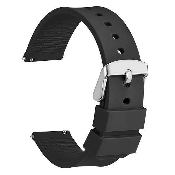 WOCCI 24mm Silicone Watch Band - Quick Release Rubber Strap with Silver Buckle (Black) for Ultimate Comfort