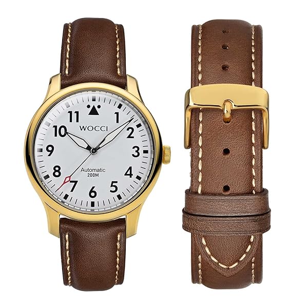 WOCCI 24mm Vintage Leather Watch Band for Men and Women with Gold Buckle in Dark Brown and Beige Seam - Image 5