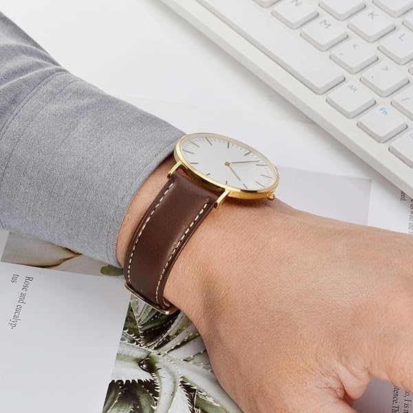 WOCCI 24mm Vintage Leather Watch Band for Men and Women with Gold Buckle in Dark Brown and Beige Seam - Image 6