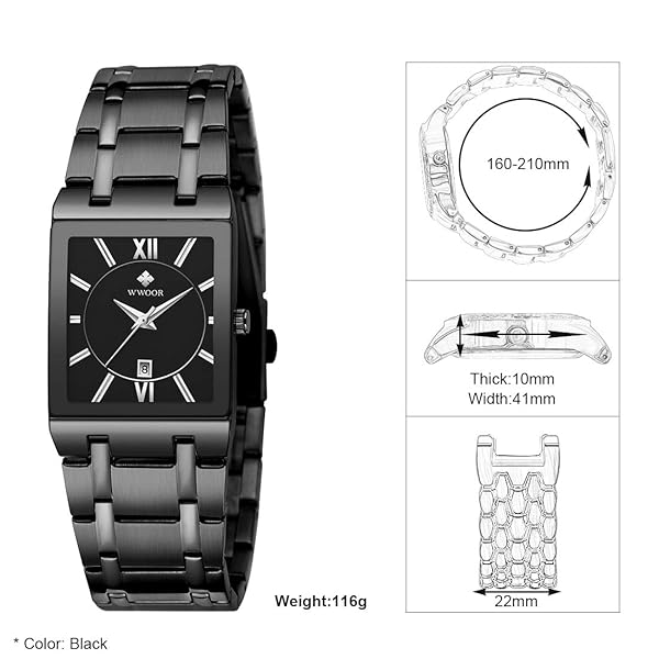 WWOOR Square Watches for Men Stainless Steel Mens Square Watch with Date Original Waterproof Analog Quartz Fashion Business Casual Wristwatch - Image 8