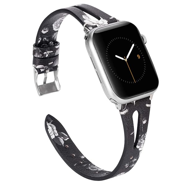 Wearlizer Black White Floral Leather Apple Watch Bands 38mm 40mm 41mm Compatible with iWatch SE Triangle Hole Strap Replacement Silver Clasp