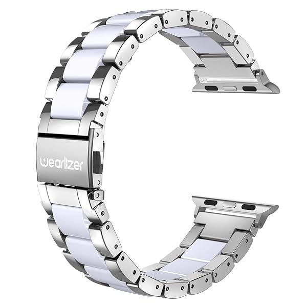 Wearlizer Apple Watch Band 42-49mm Fashion Silver Stainless Steel and White Resin Replacement Bracelet for iWatch Ultra SE Series 1-10